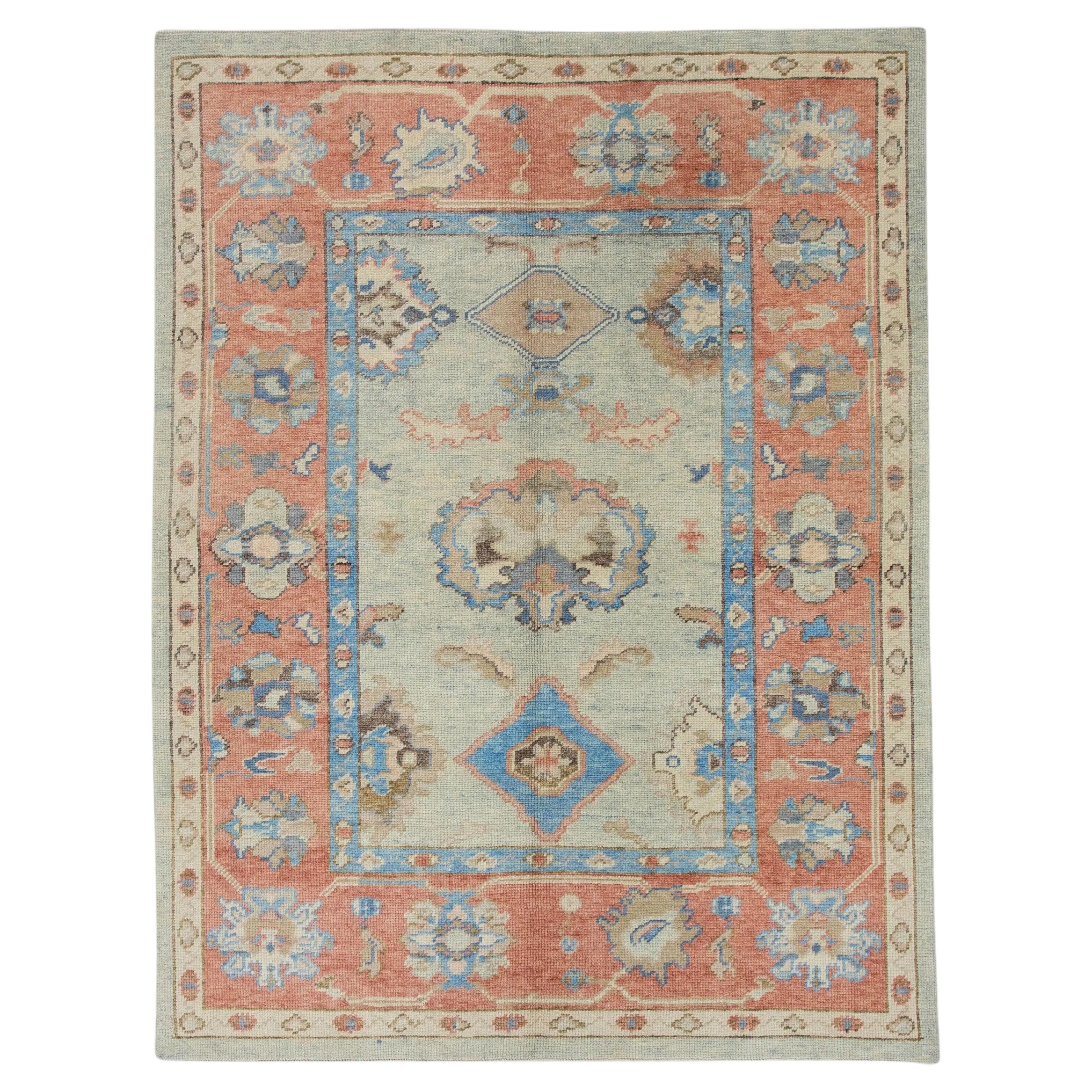 Red and Blue Floral Handwoven Wool Turkish Oushak Rug 5'3" x 6'10" For Sale