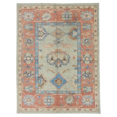 Red and Blue Floral Handwoven Wool Turkish Oushak Rug 5'3" x 6'10"