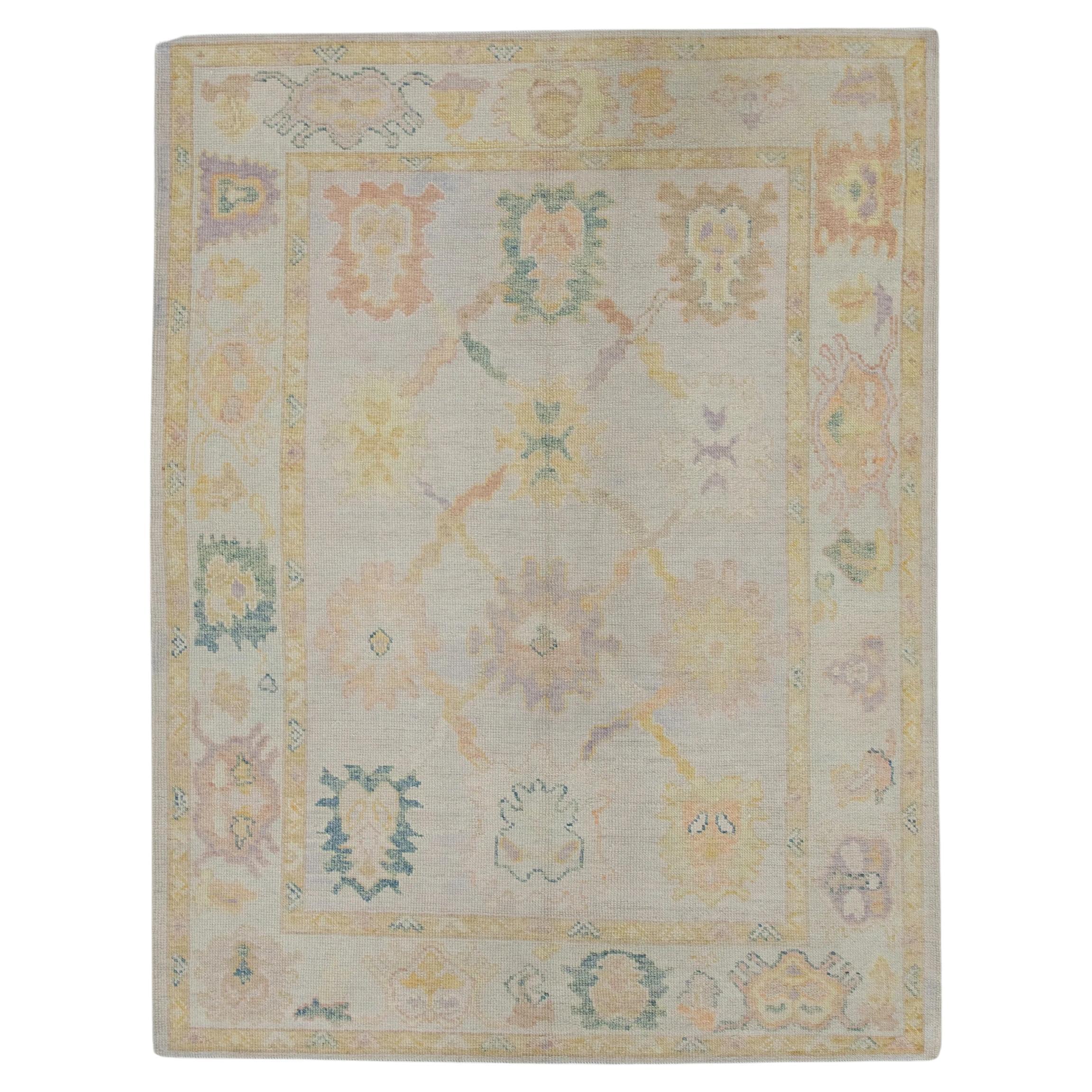 Colorful Pink Floral Handwoven Wool Turkish Oushak Rug 5'1" x 7' For Sale