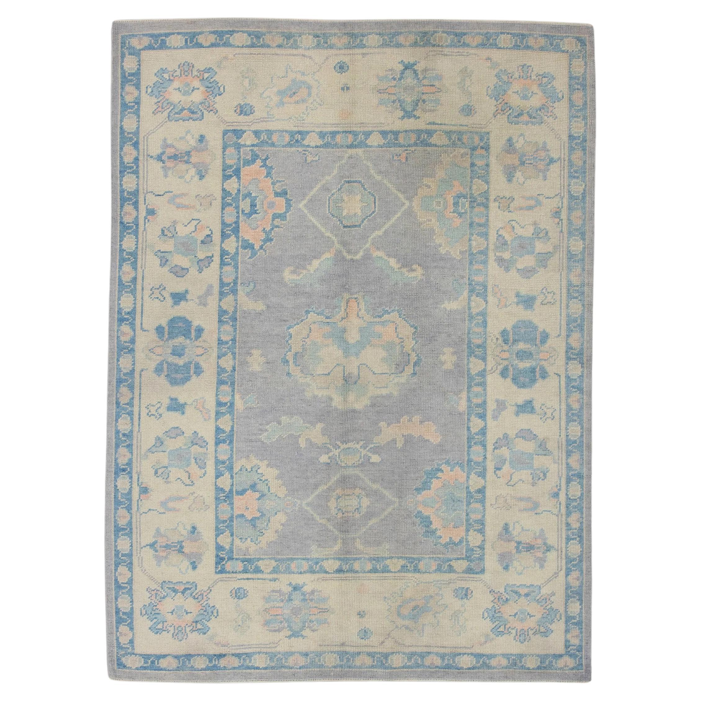 Purple and Blue Floral Handwoven Wool Turkish Oushak Rug 5'3" x 6'11" For Sale