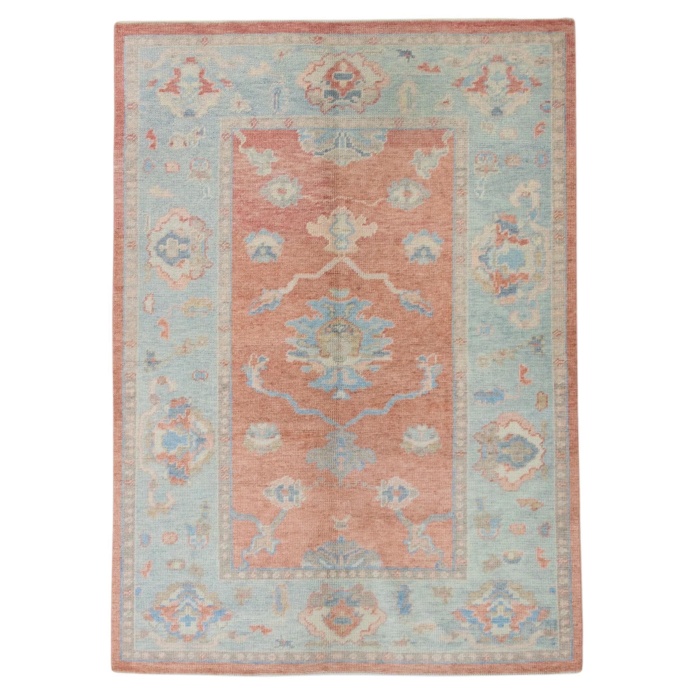 Red Handwoven Wool Turkish Oushak Rug in Blue Floral Pattern 4'9" x 6'9" For Sale