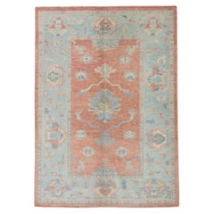 Red Handwoven Wool Turkish Oushak Rug in Blue Floral Pattern 4'9" x 6'9"