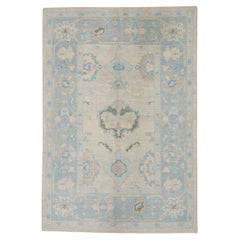 Blue and Pink Floral Handwoven Wool Turkish Oushak Rug 5'1" x 7'2"