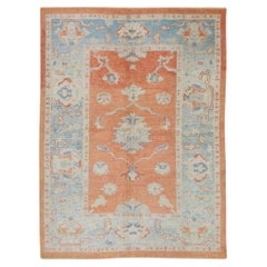 Handwoven Wool Turkish Oushak Rug in Red and Blue Floral Pattern 5'2" x 6'11"
