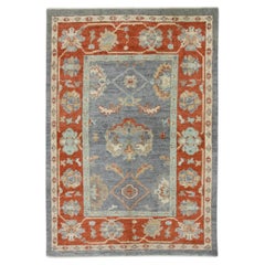 Red and Blue Floral Handwoven Wool Turkish Oushak Rug 4'10" x 6'11"