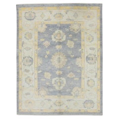 Gray and Yellow Floral Handwoven Wool Turkish Oushak Rug 5'2" x 6'8"