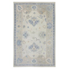 Taupe and Blue Floral Handwoven Wool Turkish Oushak Rug 6' x 8'9"