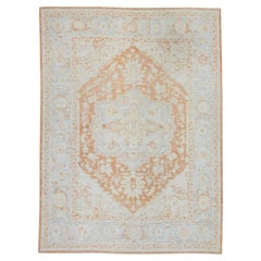 Floral Handwoven Wool Turkish Oushak Rug in Blue and Rust 5'11" x 7'10"