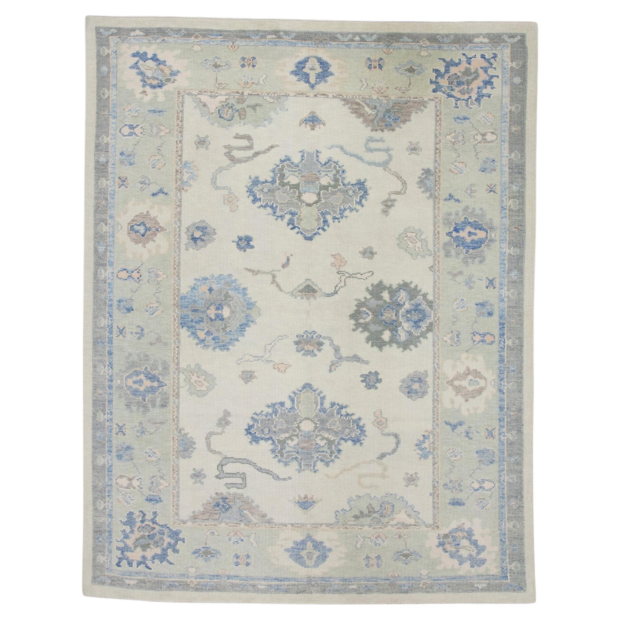 Green Handwoven Wool Turkish Oushak Rug in Blue Floral Pattern 6'1" x 7'11"