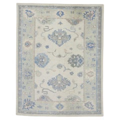 Green Handwoven Wool Turkish Oushak Rug in Blue Floral Pattern 6'1" x 7'11"