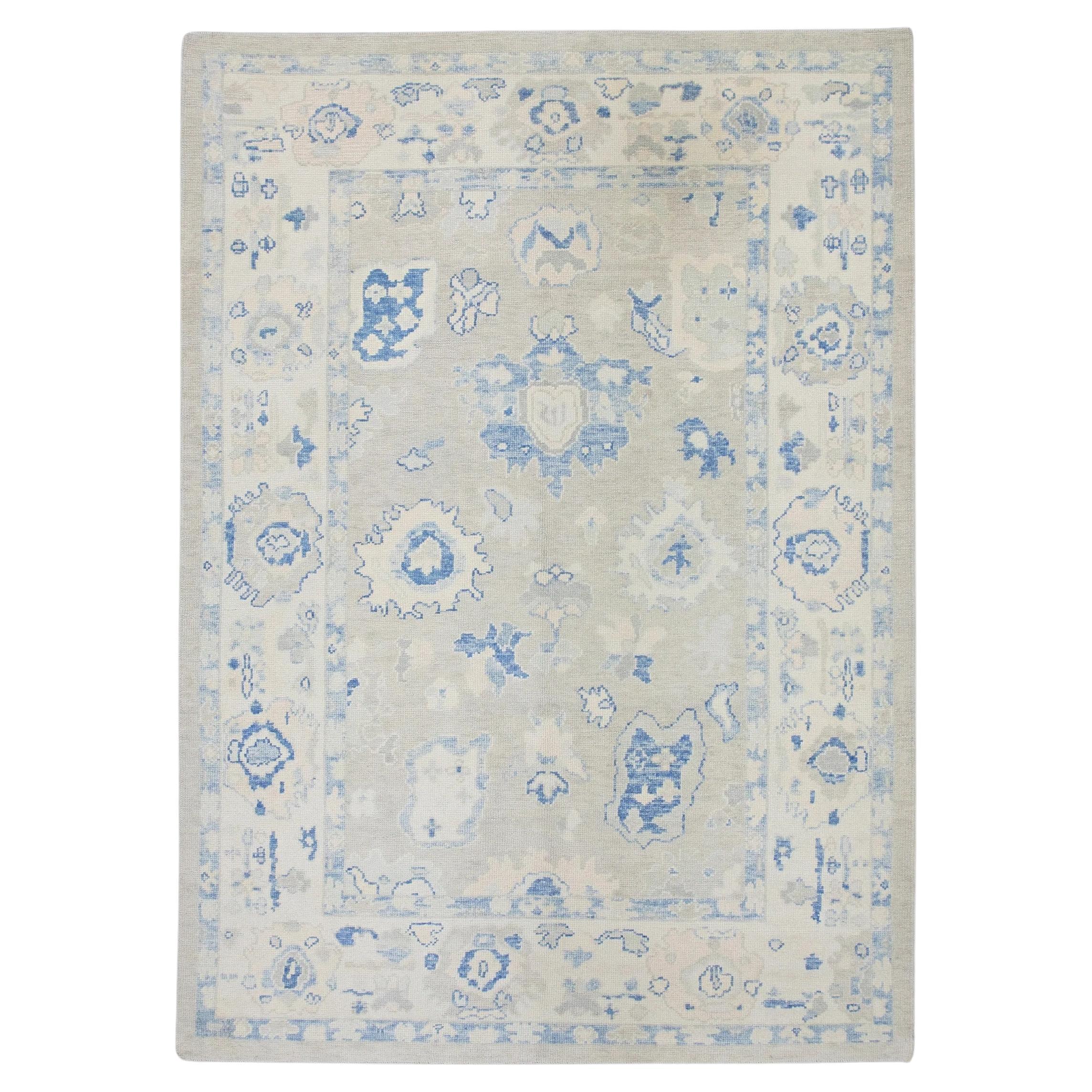 Blue Floral Handwoven Wool Turkish Oushak Rug 6'1" x 8'9" For Sale
