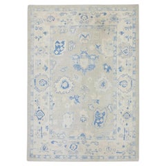 Blue Floral Handwoven Wool Turkish Oushak Rug 6'1" x 8'9"