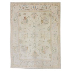 Handwoven Wool Floral Turkish Oushak Rug in Soft Pink, Green, Blue 6'10" x 9'1"