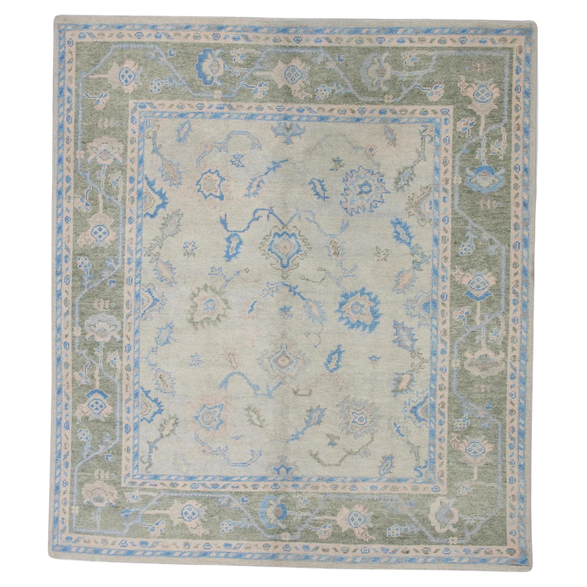 Green and Blue Floral Pattern Handwoven Wool Turkish Oushak Rug 6'10" x 8'1" For Sale