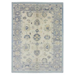 Handwoven Wool Turkish Oushak Rug in Blue and Cream Floral Design 5'11" x 7'9"