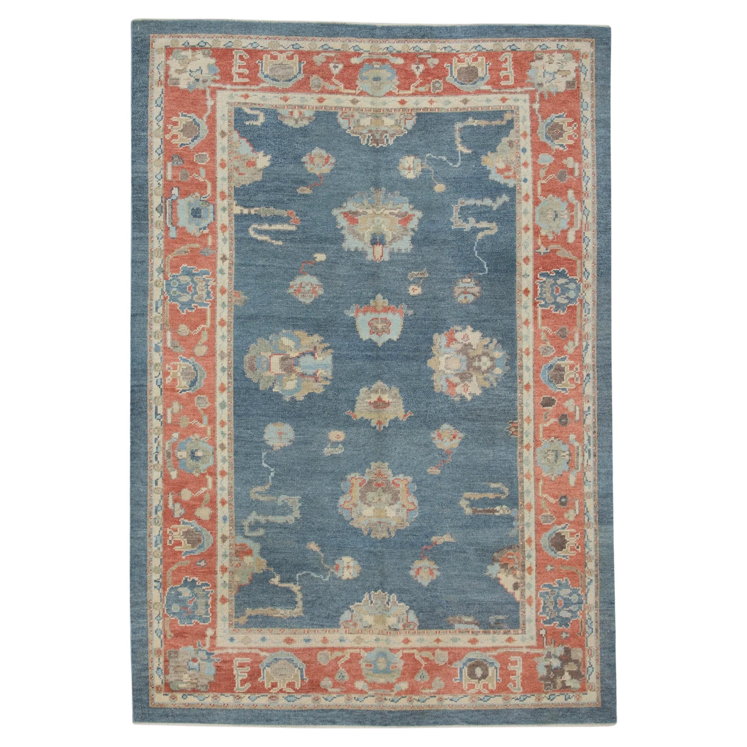 Red and Blue Floral Handwoven Wool Turkish Oushak Rug 6' x 8'6" For Sale