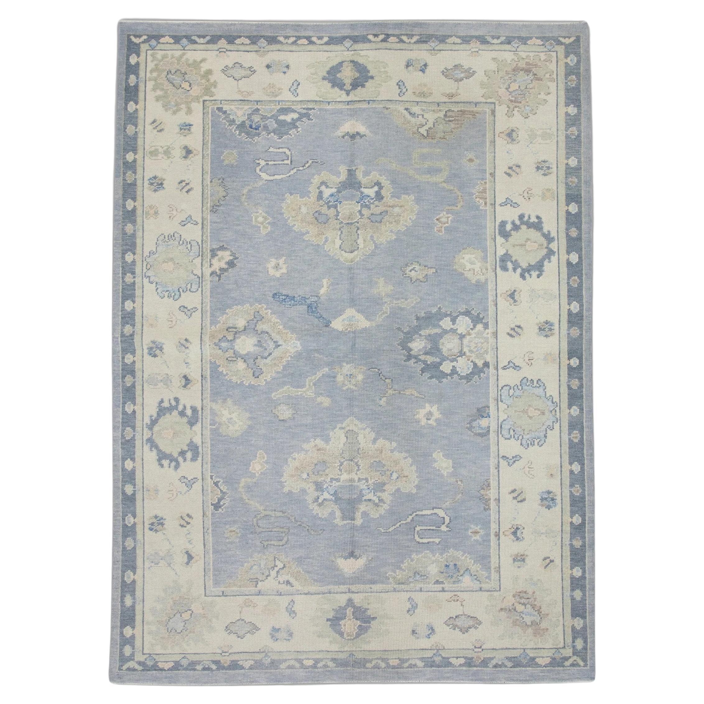 Handwoven Wool Floral Design Turkish Oushak Rug in Periwinkle Blue 5'11" x 7'10" For Sale