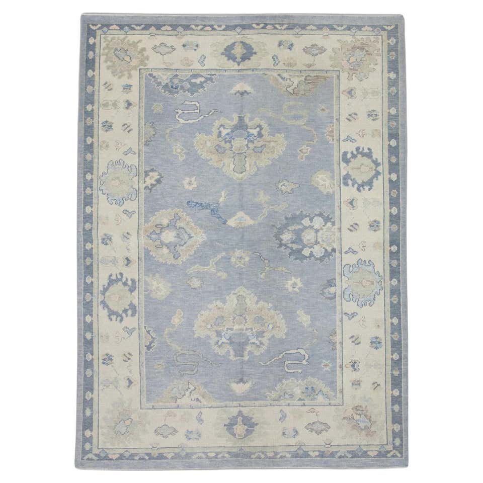 Periwinkle Blue Floral Design Handwoven Wool Turkish Oushak Rug 3'10