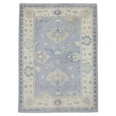 Handwoven Wool Floral Design Turkish Oushak Rug in Periwinkle Blue 5'11" x 7'10"