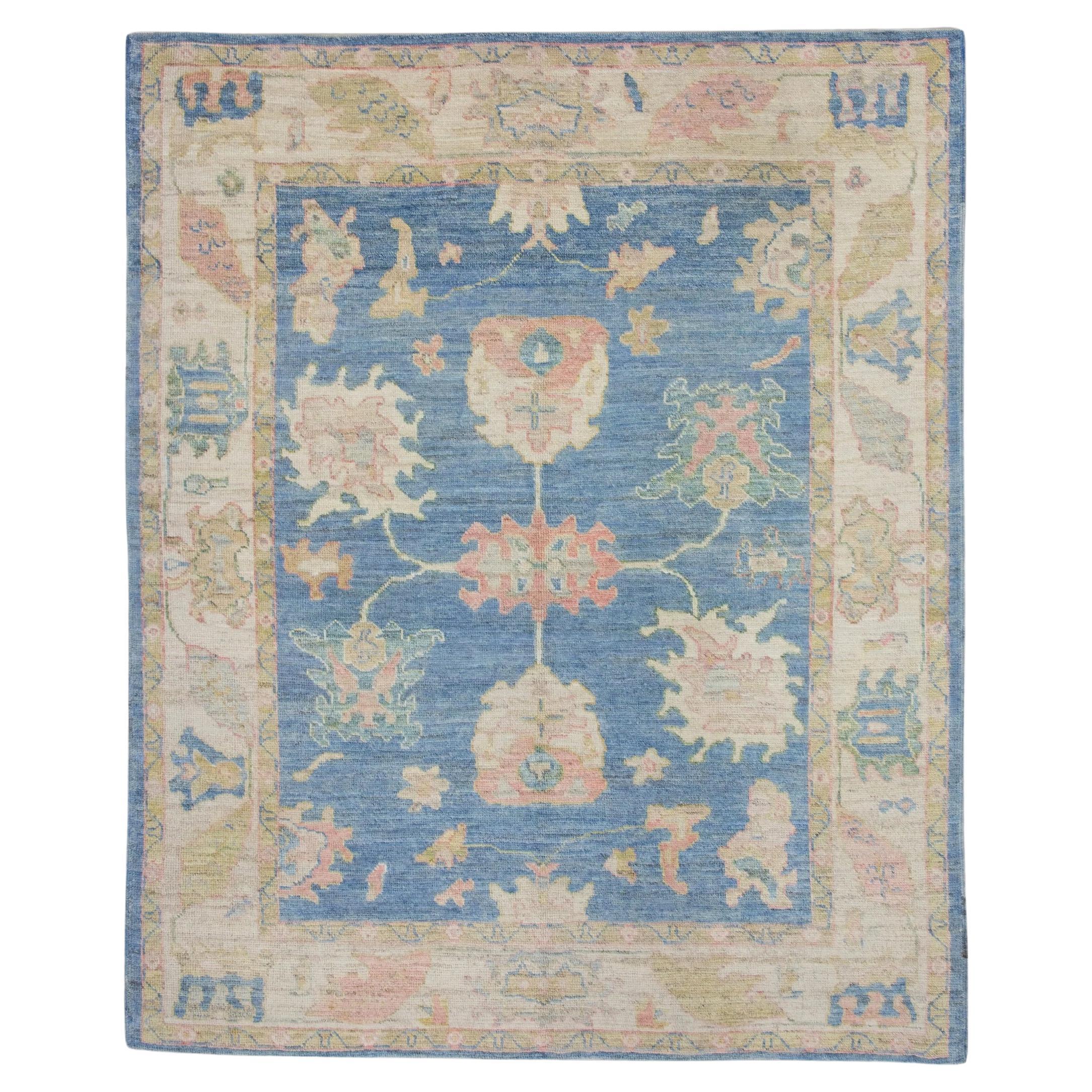 Blue Floral Handwoven Wool Turkish Oushak Rug 7' x 8'7"