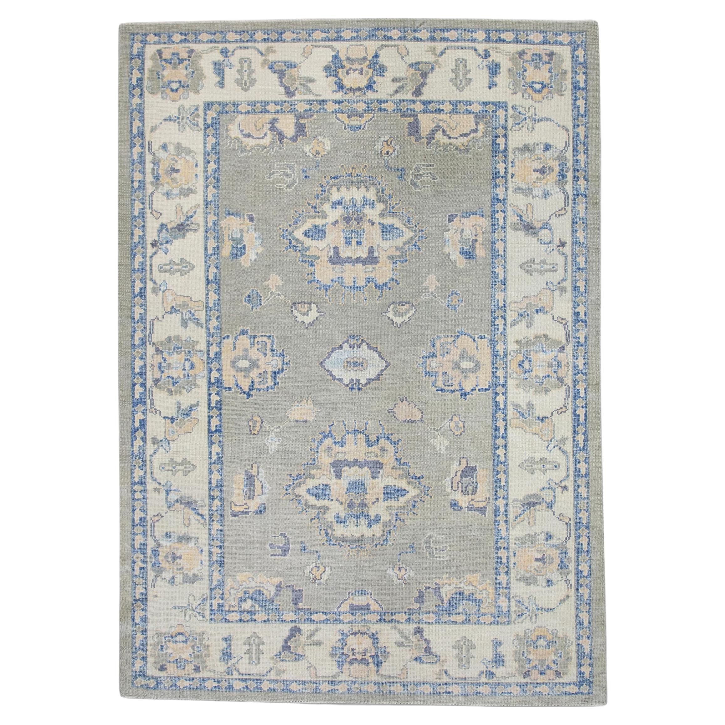 Green and Blue Floral Handwoven Wool Turkish Oushak Rug 6' x 8'4" For Sale