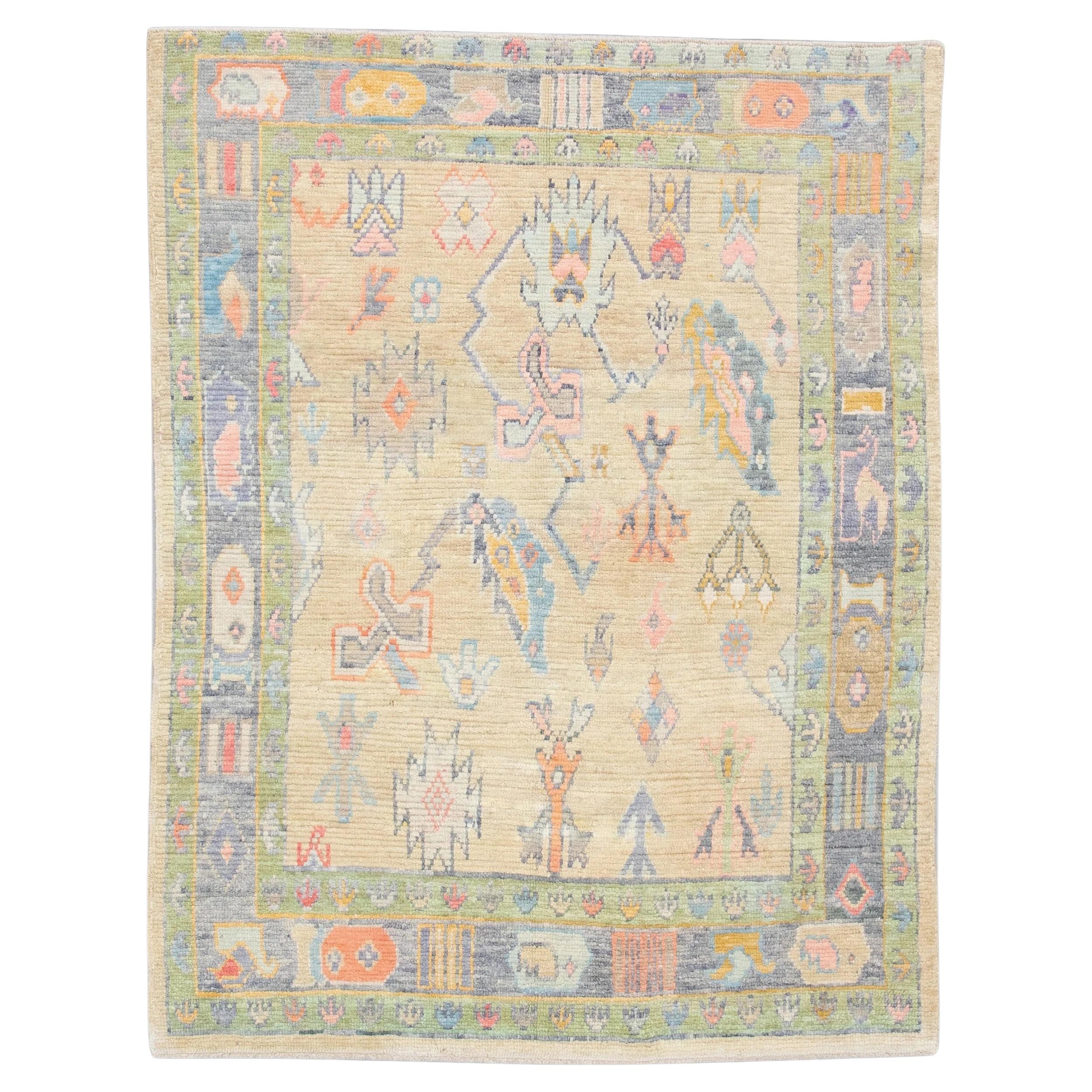 Pale Yellow Handwoven Wool Turkish Oushak Rug w/ Colorful Floral Pattern 5'7x 7' For Sale