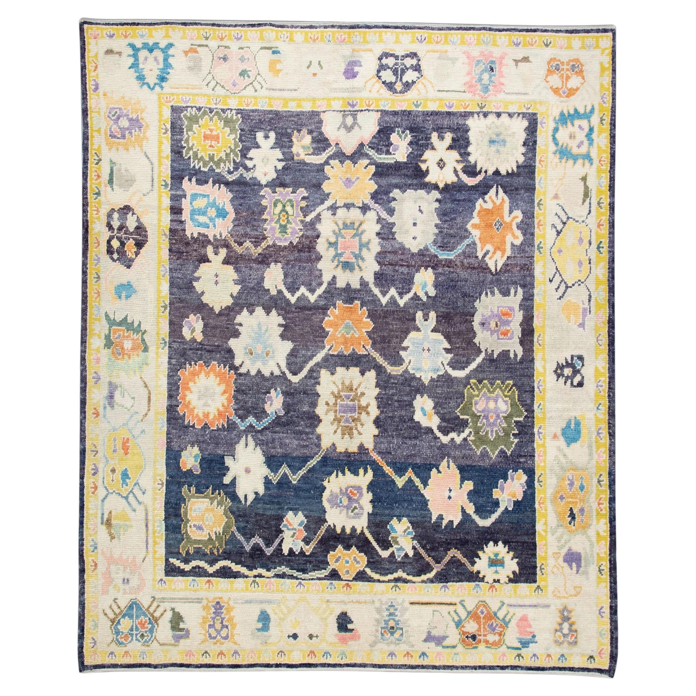 Handwoven Wool Turkish Oushak Rug in Purple & Yellow Floral Pattern 8'3" x 10' For Sale
