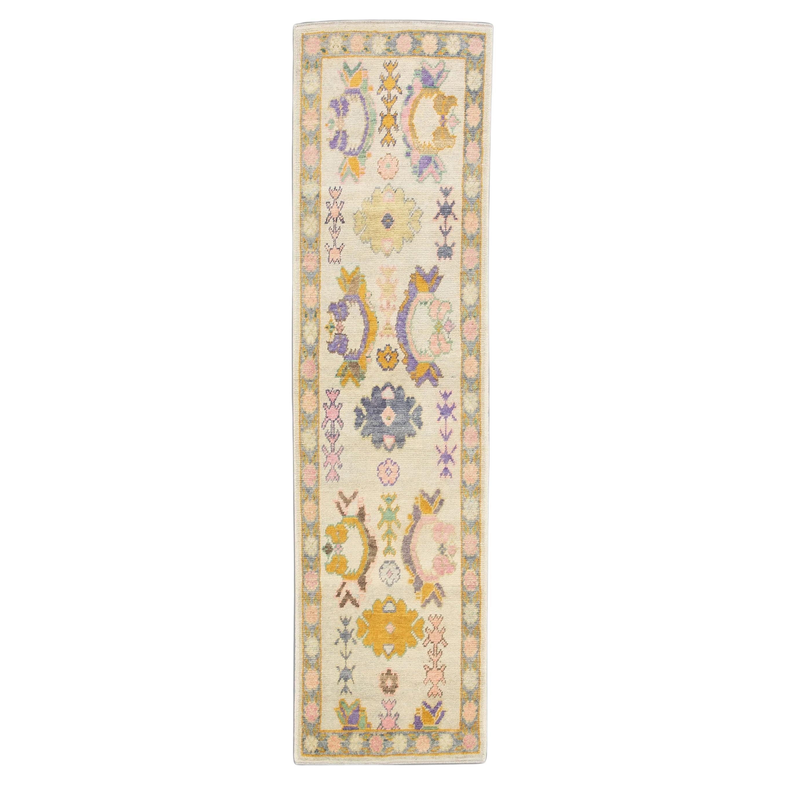 Colorful Floral Pattern Turkish Oushak Rug made with Handwoven Wool 2'9" x 10'3" For Sale