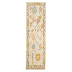 Handwoven Wool Turkish Oushak Rug in Colorful Geometric Floral Pattern 2'9 x 9'3