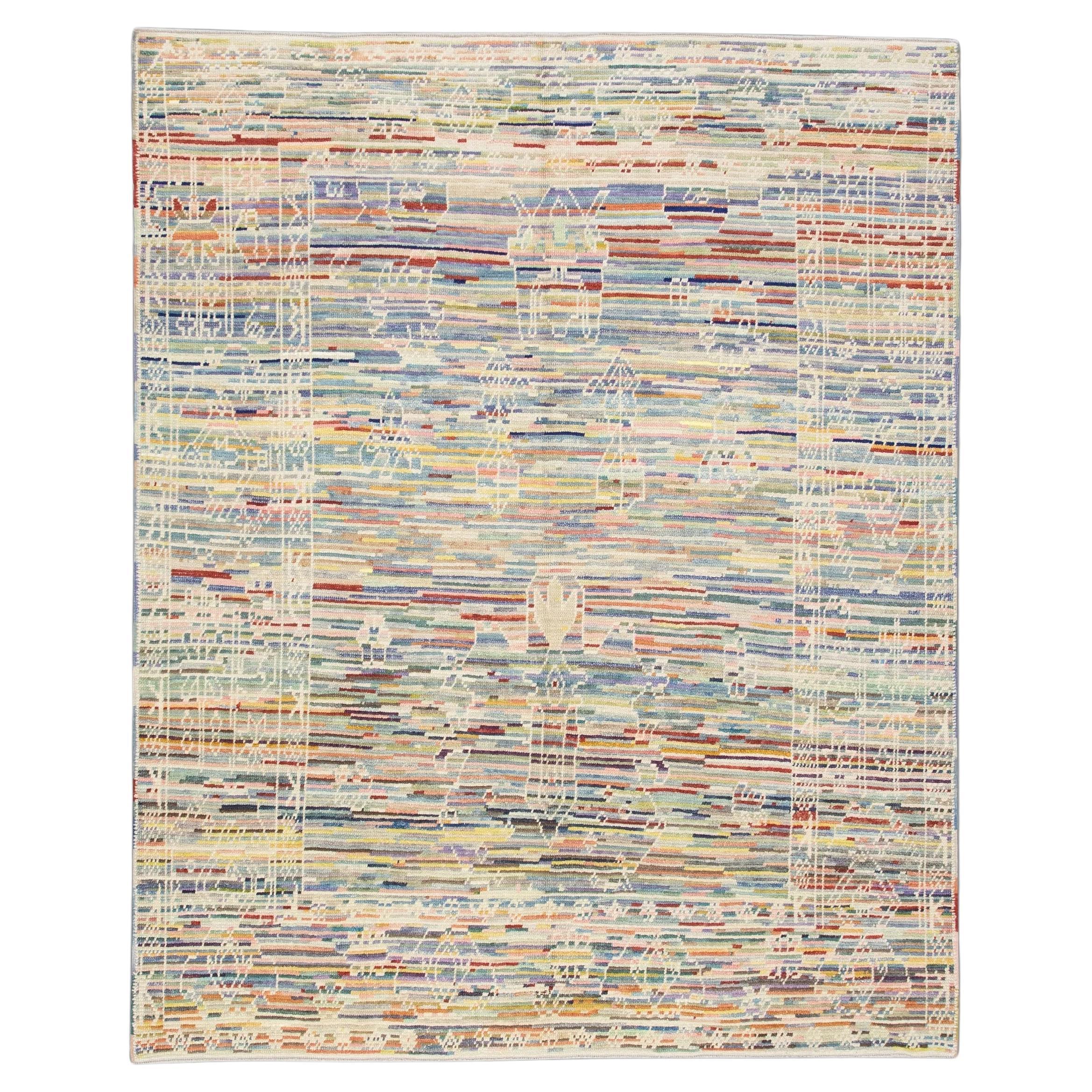 Handgewebter türkischer Oushak-Teppich aus Wolle in mehrfarbig gestreiftem Muster 8'4" x 10'4" im Angebot