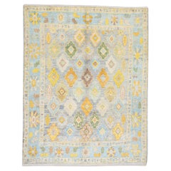 Handwoven Wool Floral Turkish Oushak Rug in Blue, Green, and Yellow 8'1" x 9'10"