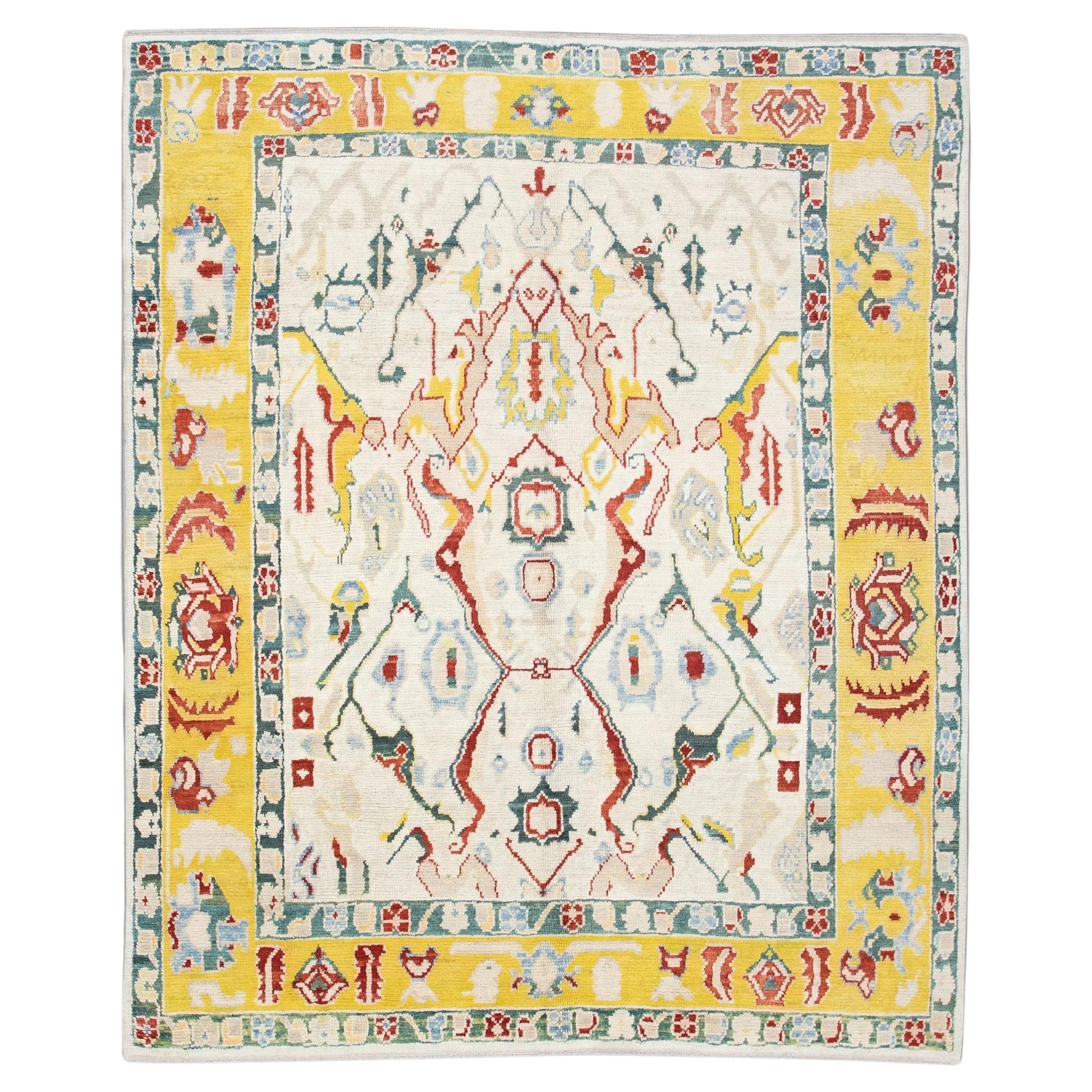 Handwoven Wool Floral Turkish Oushak Rug in Green, Yellow & Red 8'1" x 10' For Sale