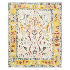 Handwoven Wool Floral Turkish Oushak Rug in Green, Yellow & Red 8'1" x 10'