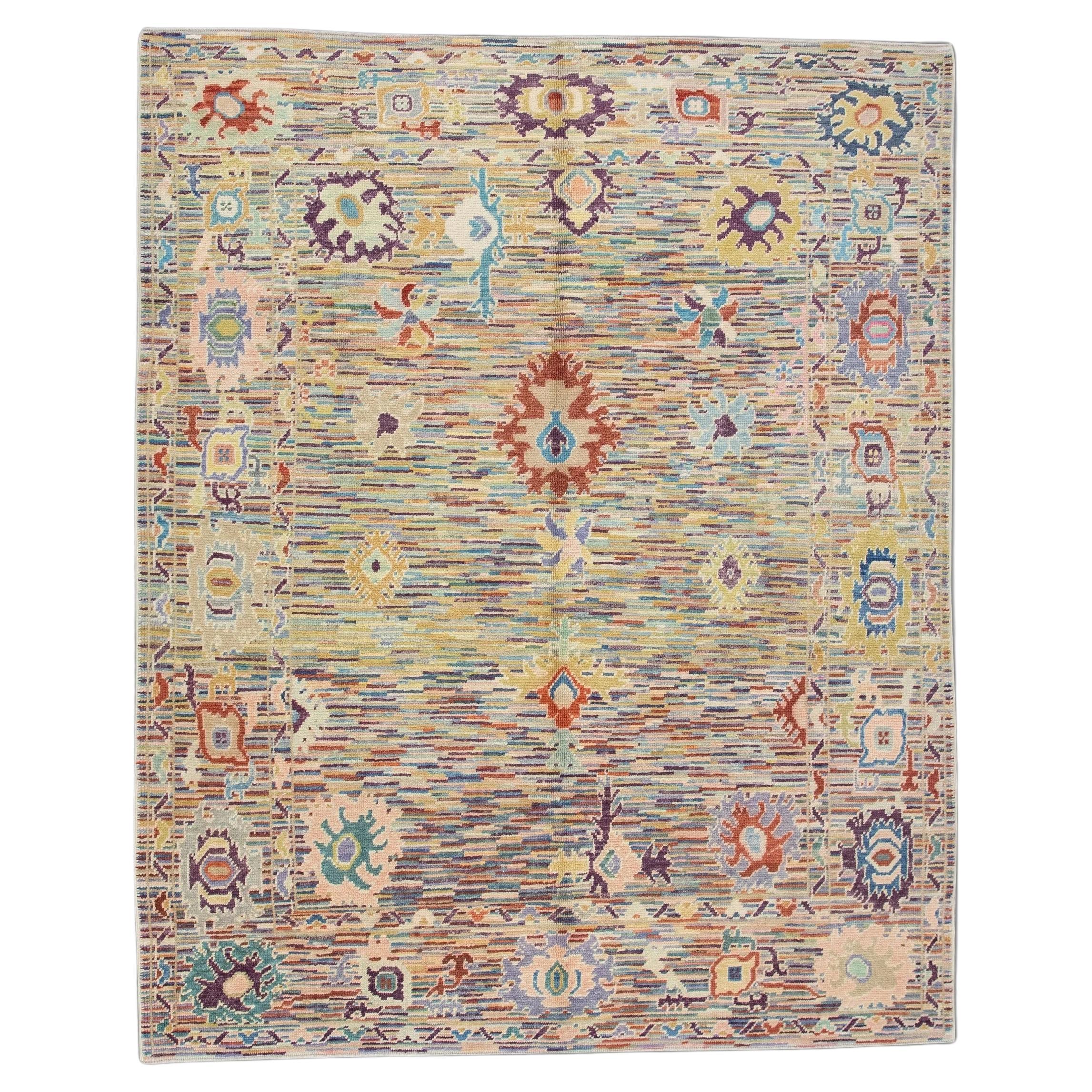 Alfombra Oushak turca de lana tejida a mano con un colorido diseño floral geométrico 8' x 10'1