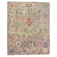 Handwoven Wool Turkish Oushak Rug in Colorful Geometric Floral Design 8' x 10'1"