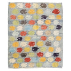 Alfombra Oushak turca de lana tejida a mano azul con estampado floral de colores 8'2" x 9'8"