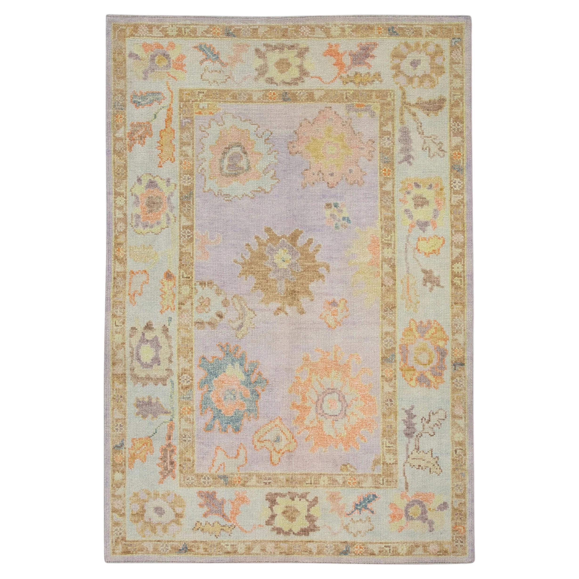 Purple Handwoven Wool Floral Turkish Oushak Rug 4'2" x 6'2" For Sale