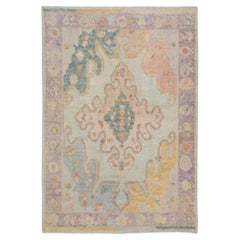 Blue and Purple Floral Handwoven Wool Turkish Oushak Rug 4' x 6'