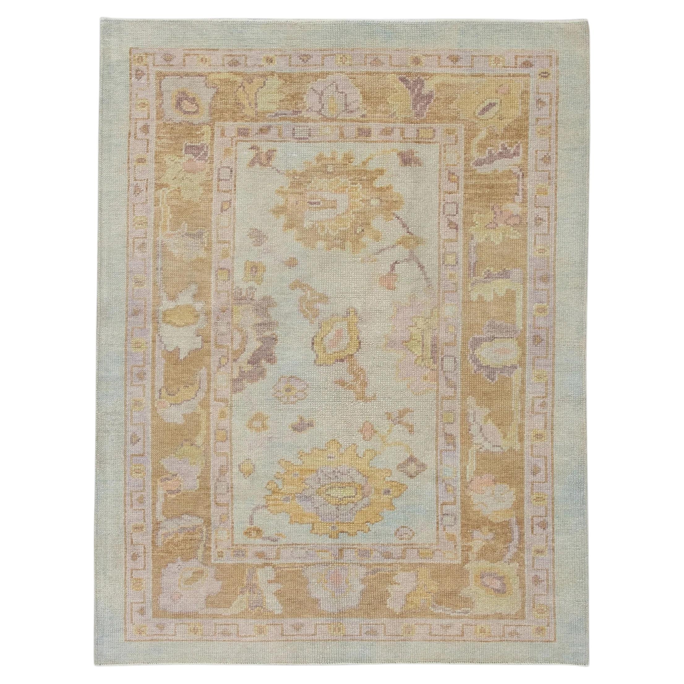 Baby Blue Floral Handwoven Wool Turkish Oushak Rug 4'1" x 5'3" For Sale
