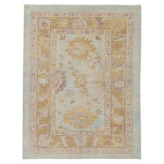 Baby Blue Floral Handwoven Wool Turkish Oushak Rug 4'1" x 5'3"