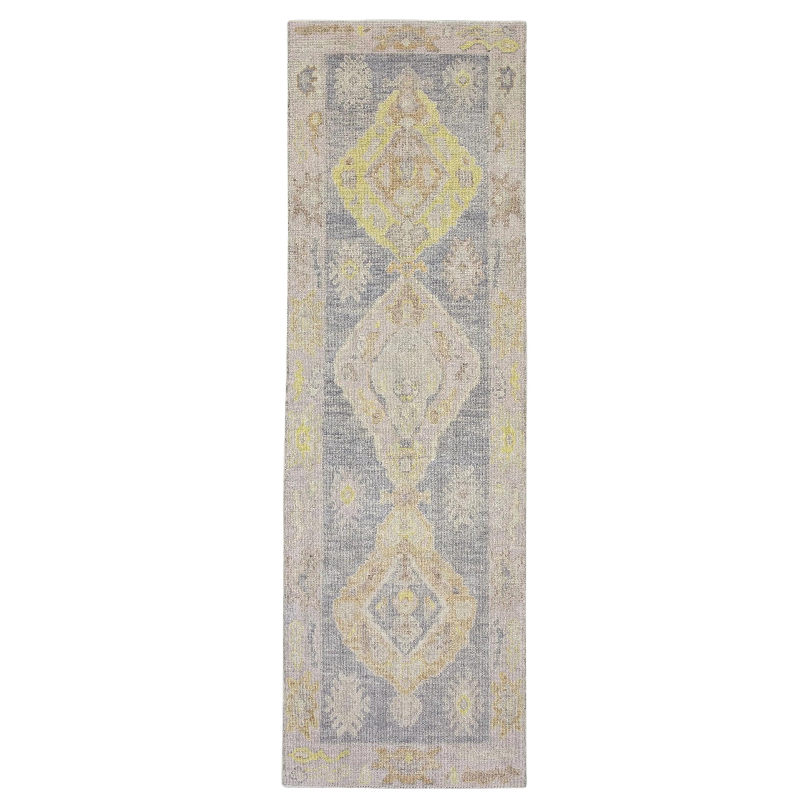 Purple and Yellow Floral Handwoven Wool Turkish Oushak Rug 2'9" x 8'4" For Sale