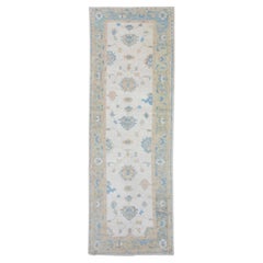 Floral Handwoven Wool Turkish Oushak Rug in Green and Blue 3'9" x 10'9"
