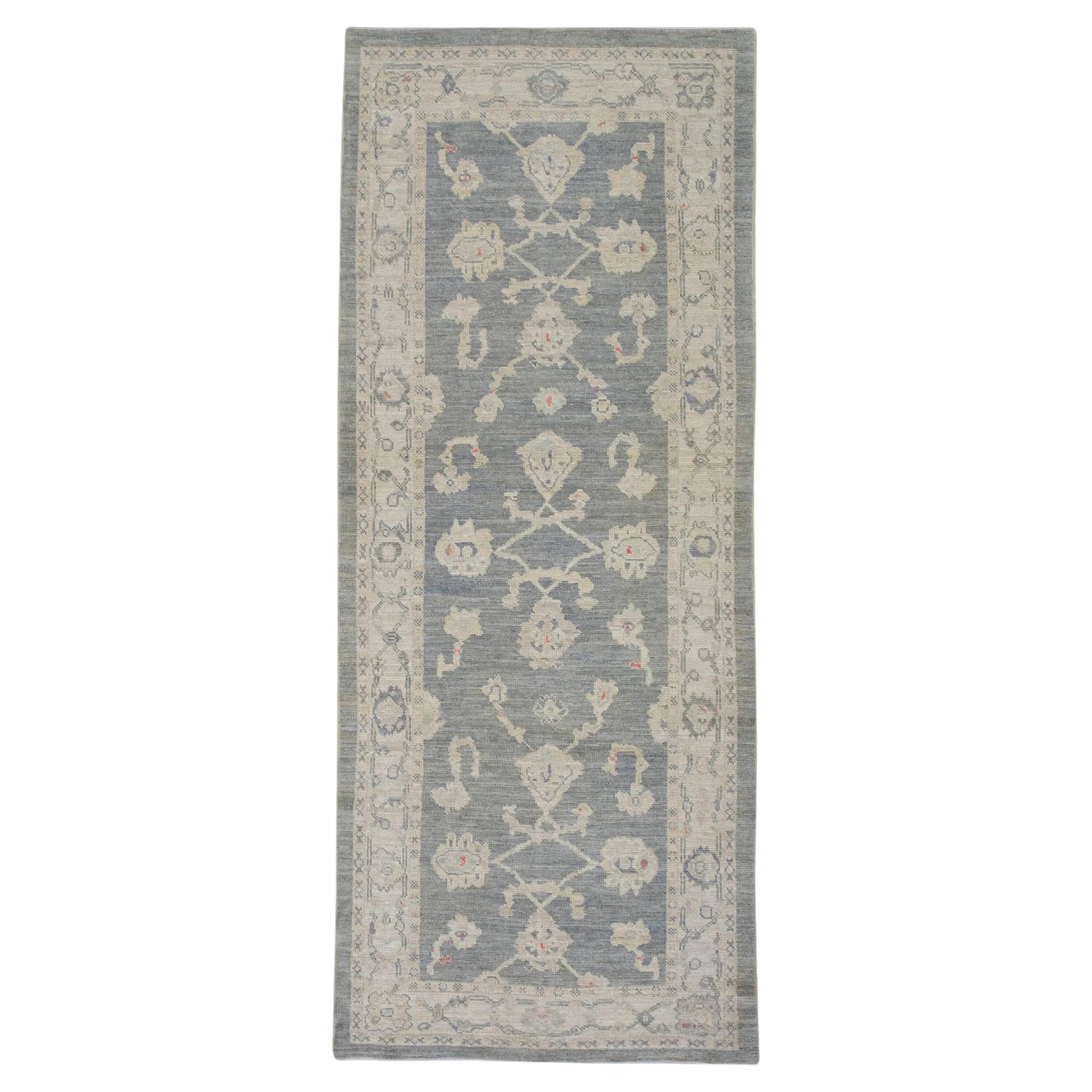 Blue Floral Handwoven Wool Turkish Oushak Rug 3'10" x 10'5" For Sale