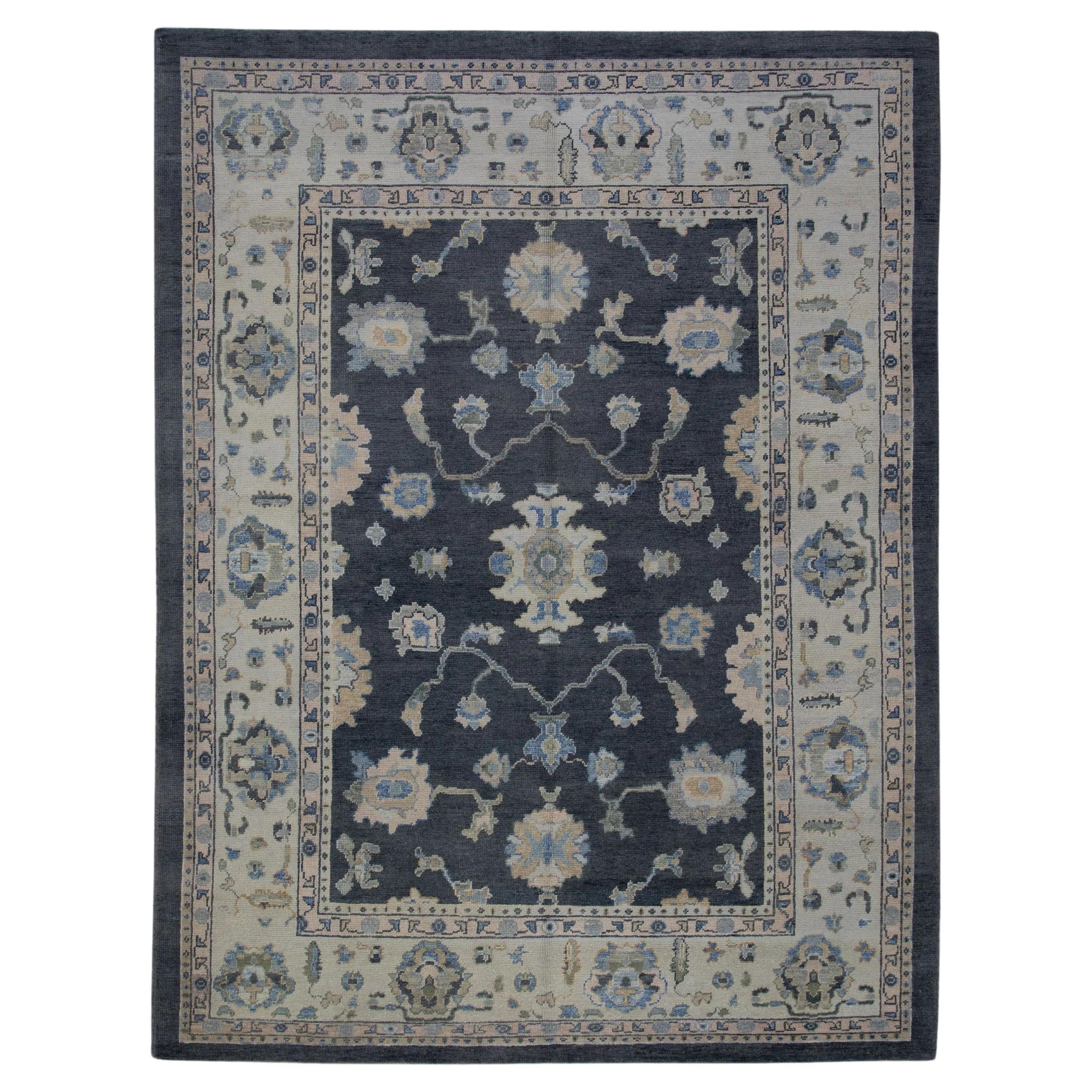 Handgewebter türkischer Oushak-Teppich aus Wolle mit Blumenmuster in Dunkelblau 8'4" x 10'7"