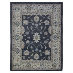 Handgewebter türkischer Oushak-Teppich aus Wolle mit Blumenmuster in Dunkelblau 8'4" x 10'7"