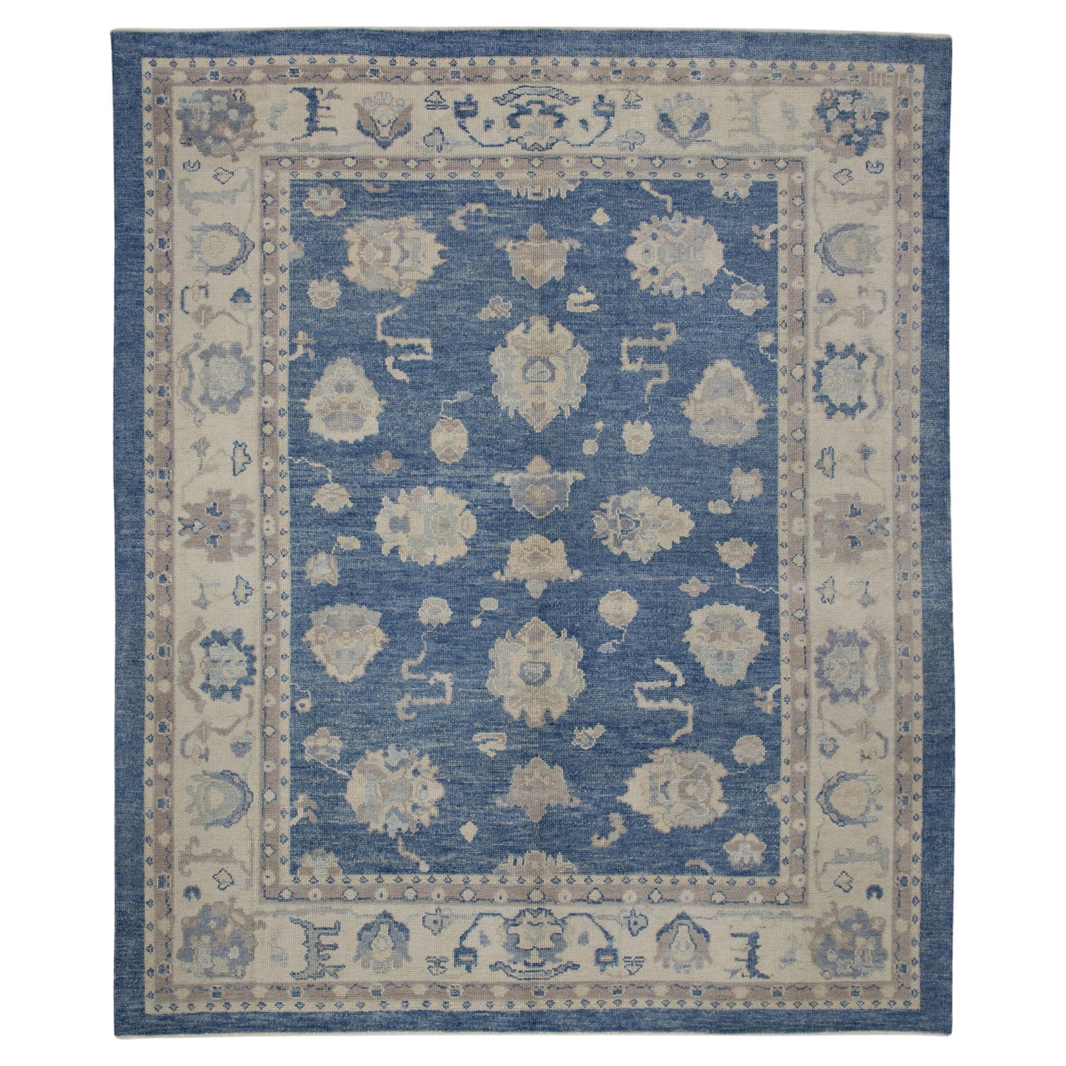 Floral Handwoven Wool Turkish Oushak Rug in Blue and Cream 8'9" x 10'1"