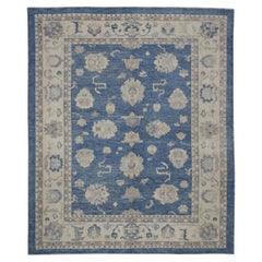 Floral Handwoven Wool Turkish Oushak Rug in Blue and Cream 8'9" x 10'1"