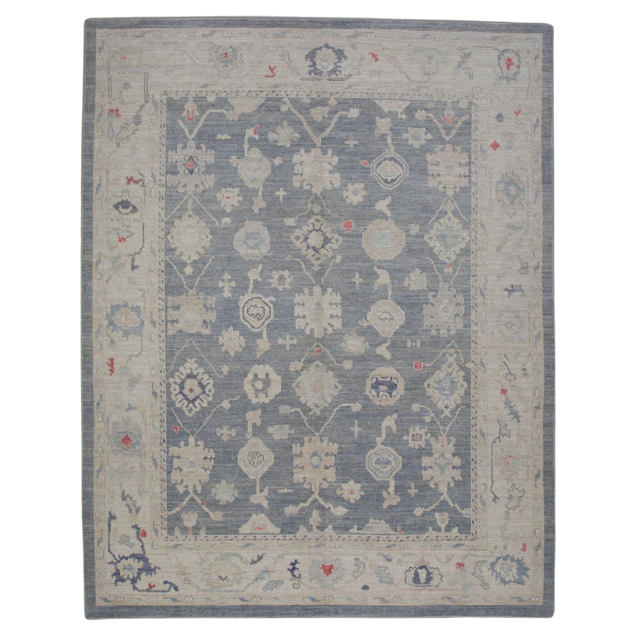 Handwoven Wool Floral Turkish Oushak Rug in Blue, Red, and Cream 8'4" x 10'3" For Sale