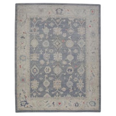 Handwoven Wool Floral Turkish Oushak Rug in Blue, Red, and Cream 8'4" x 10'3"