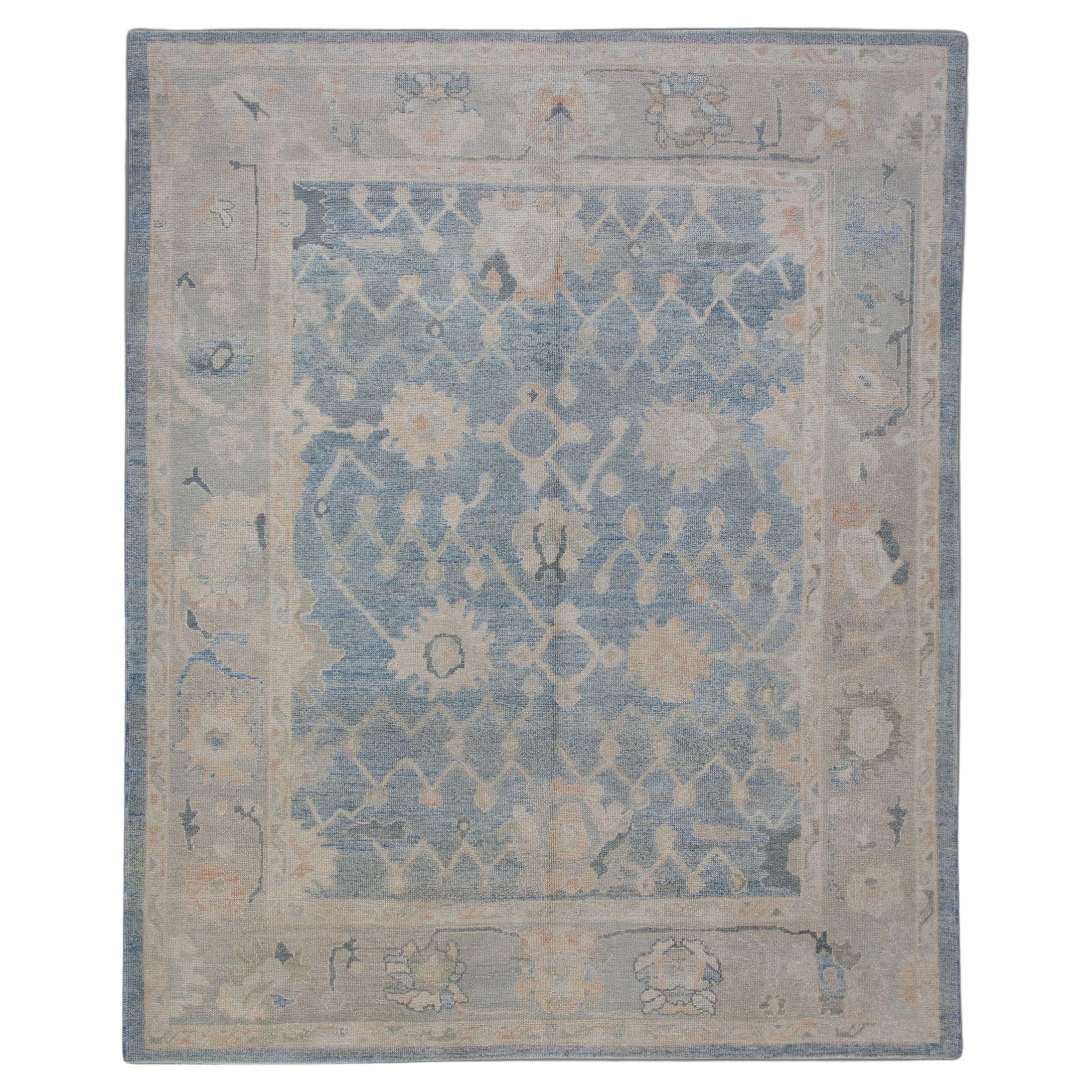 Blue Floral Pattern Handwoven Wool Turkish Oushak Rug 8'7" x 10'1" For Sale